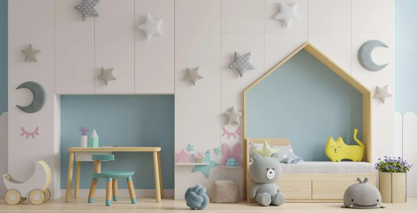 Cuarto infantil con una cama en forma de casita