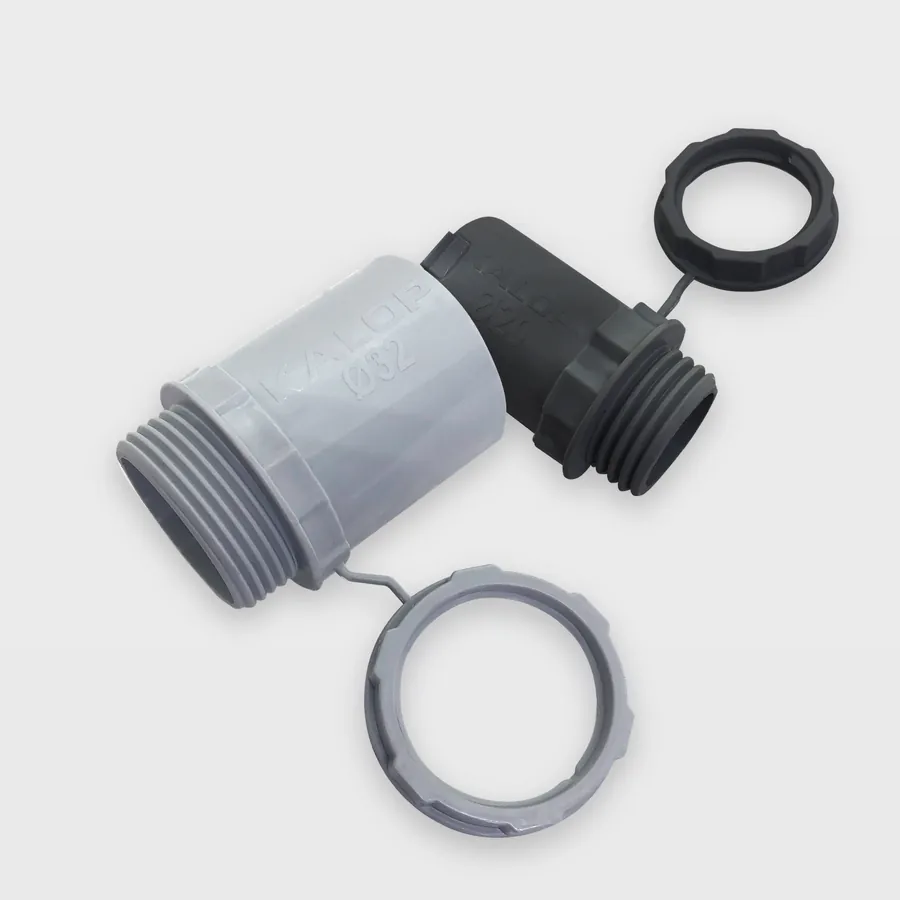 Conectores para caño Kaloductos, gris y negro, con su tuerca
